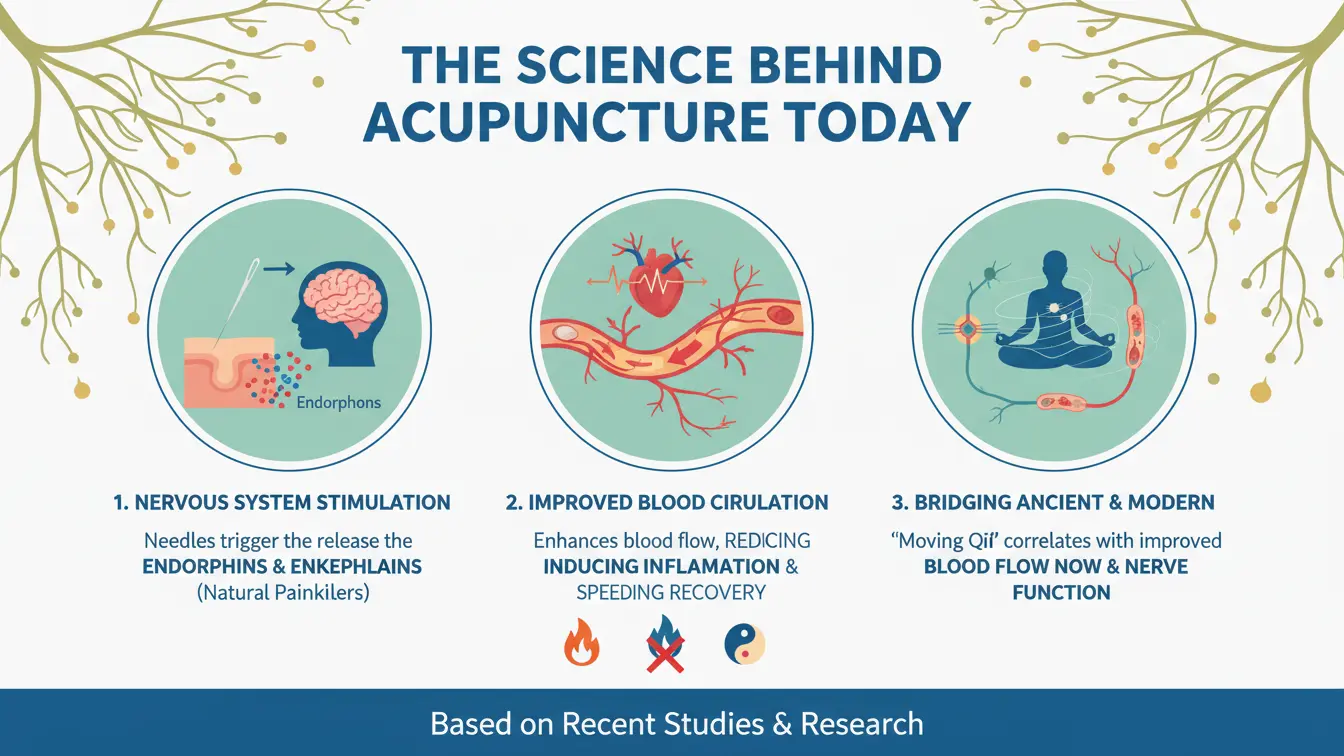 Infographic explaining the science behind acupuncture, including nervous system stimulation, improved circulation, and pain relief mechanisms.