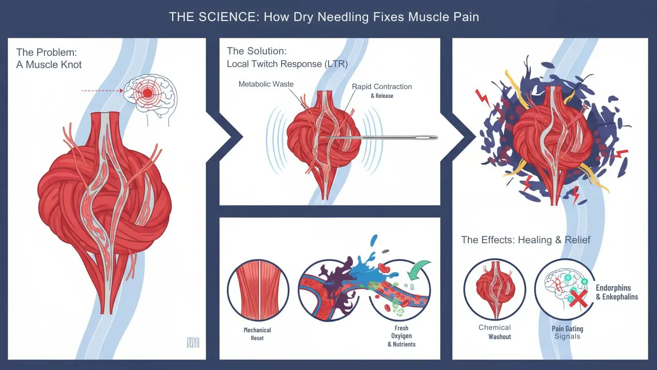 Infographic illustrating how dry needling treats muscle knots through local twitch response, chemical washout, and pain relief.
