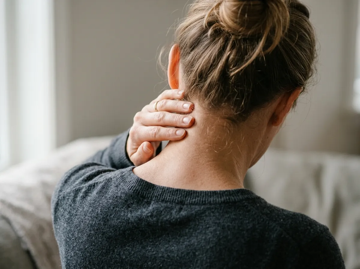 Adult holding the base of the skull because of neck pain