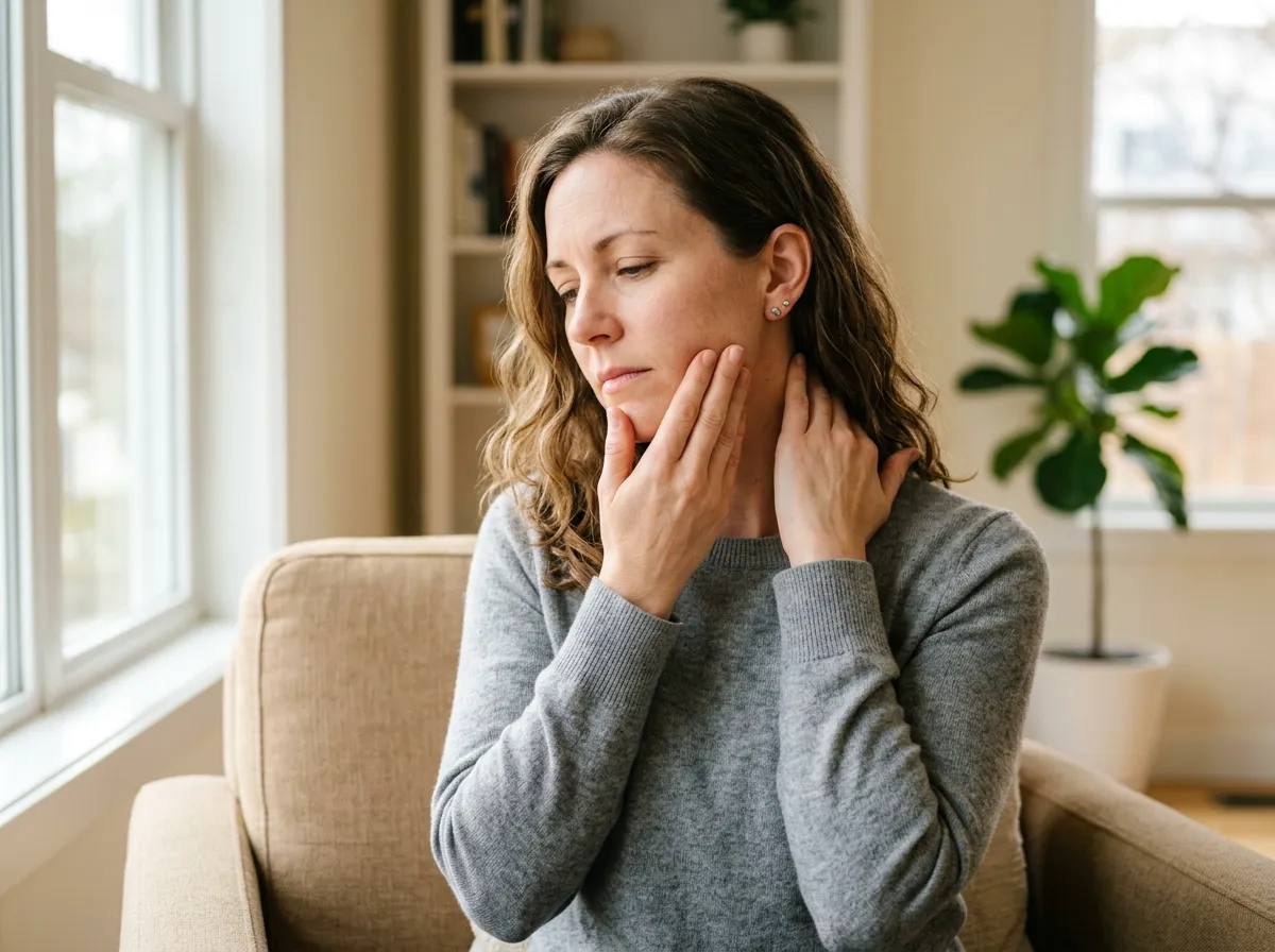 Adult experiencing overlapping jaw and neck discomfort